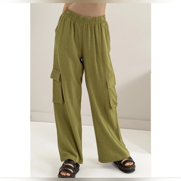 #48 🛑S,L BOHO CHIC TRENDY Wide Leg Linen Cargo Pants - Picture 15 of 16